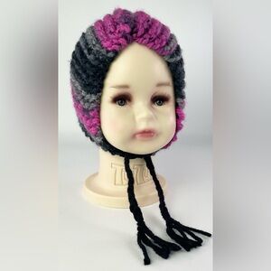 Hand Knitted Baby Infant Bonnet Hat Pink Black Grey Fuchsia Stripes Braided Ties